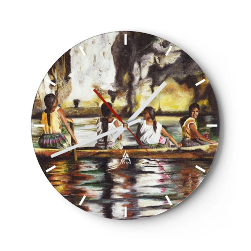Wall clock - Clock on glass - Women on a boat in a tropical landscape with water and rocks - 30x30cm - Polinesian Paradise - Modern wall decoration for the living room, kitchen, and bedroom ARTTOR
