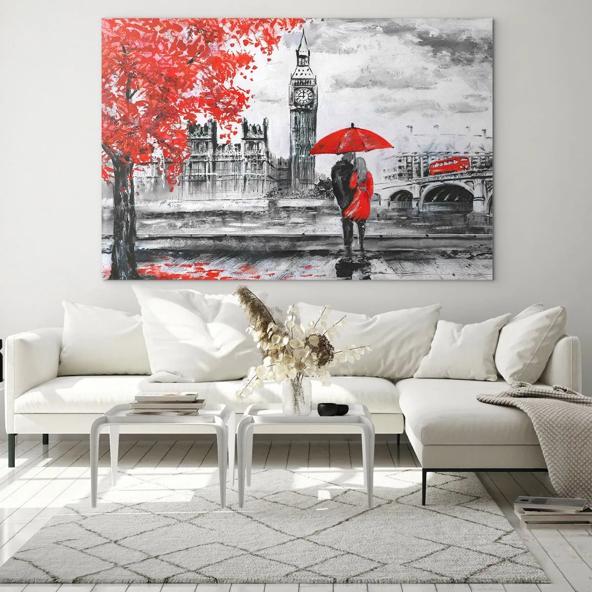Glass picture - A couple under a red umbrella with Big Ben and autumn trees in the background. - 70x50cm - In Love with London - Modern wall decoration for the living room and bedroom ARTTOR