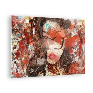 Glass picture - Abstract portrait of a woman in shades of red and beige - 70x50cm - No One Knows You Really - Modern wall decoration for the living room and bedroom ARTTOR
