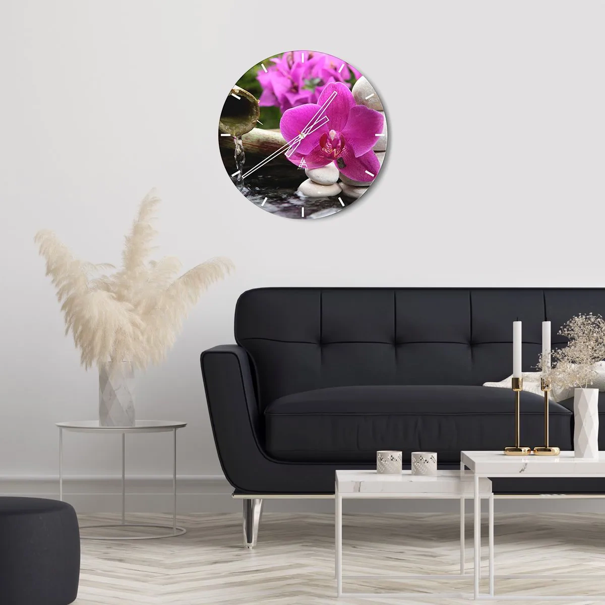 Wall clock - Clock on glass - Purple orchids, bamboo and stones by the water source - 30x30cm - You Are Already Resting - Modern wall decoration for the living room, kitchen, and bedroom ARTTOR