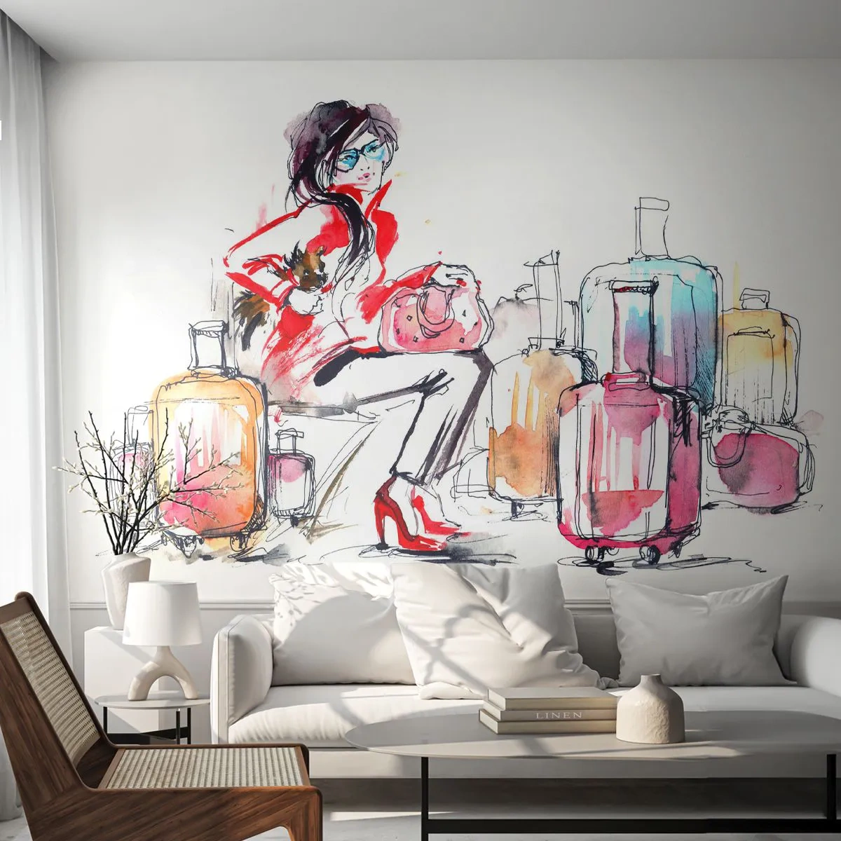 Photo Wallpaper Premium Sand - Let's Sit down before Travel - Woman, Trip, Suitcase - 100x70 cm
