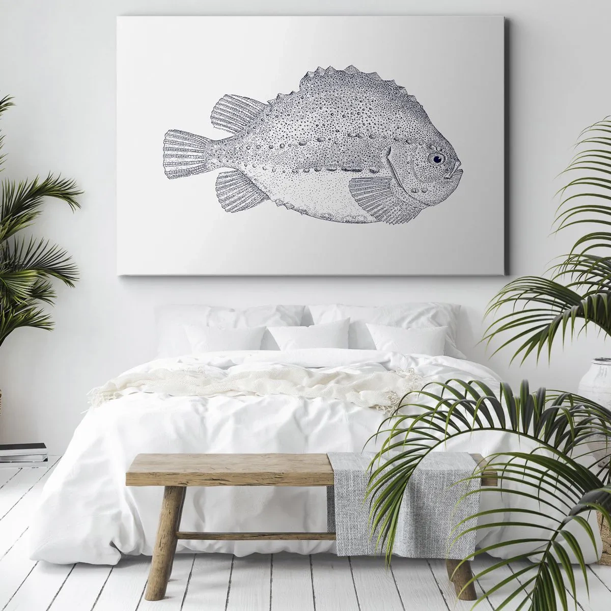 Canvas picture - Black and white drawing of a fish on a white background in a minimalist style - 70x50cm - For Natural Scientist's Album - Modern wall decoration for the living room and bedroom ARTTOR