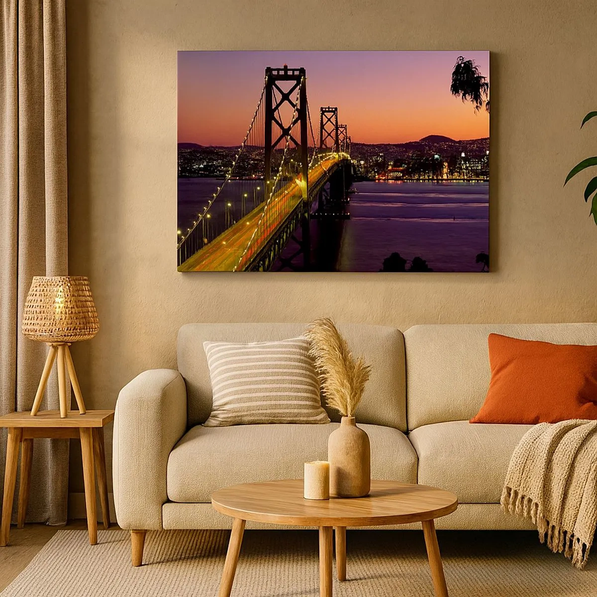 Canvas picture - A bridge illuminated at night over the water with a panoramic view of the city - 70x50cm - Evening in Purple - Modern wall decoration for the living room and bedroom ARTTOR