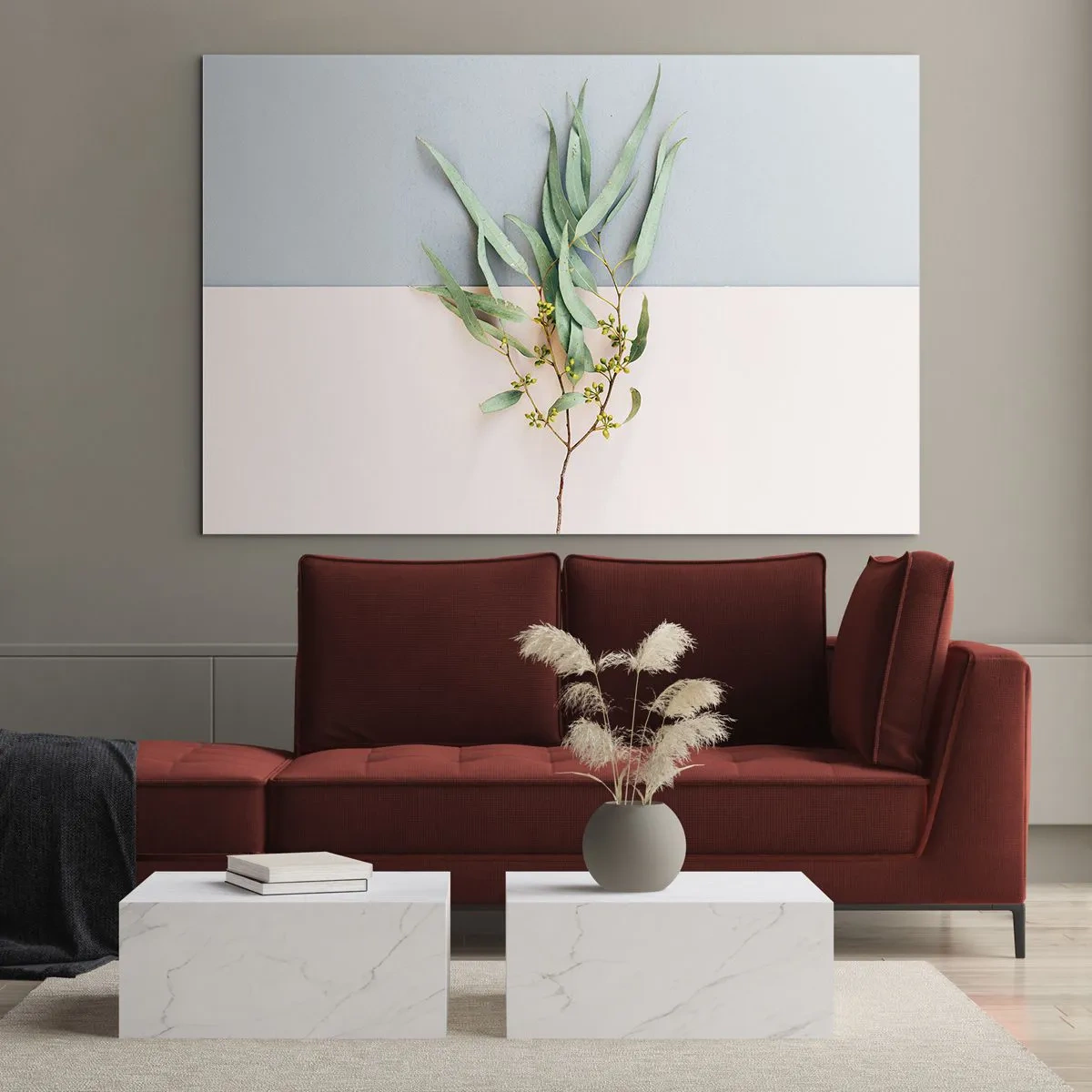 Glass picture - A sprig of eucalyptus on a pastel background - 70x50cm - Pastel Subtlety - Modern wall decoration for the living room and bedroom ARTTOR