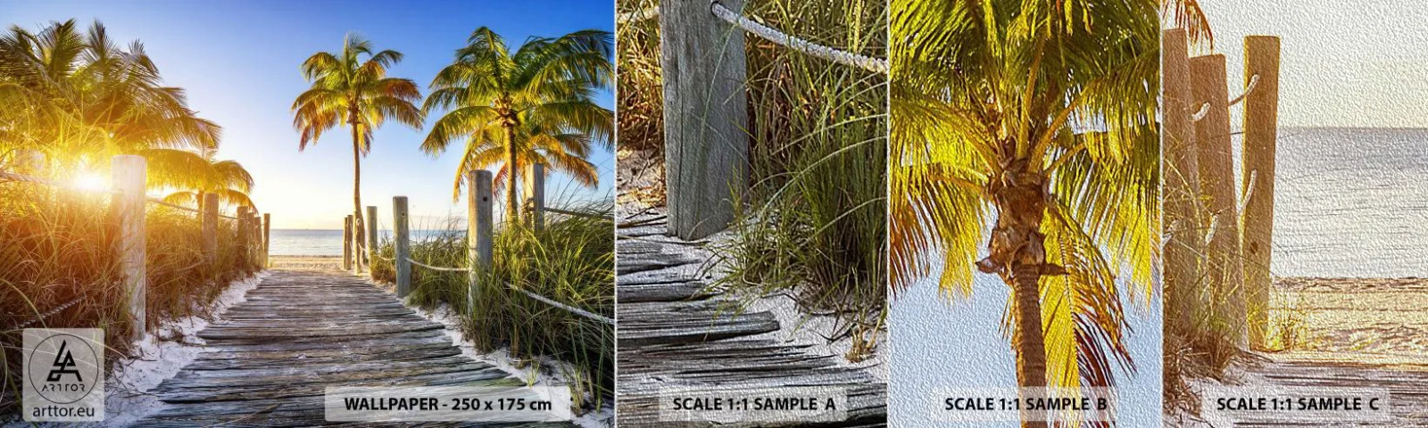 Photo Wallpaper Sample Premium Sand - Straight to Paradise - Landscape, Coconut Palm, Beach - 100x30 cm