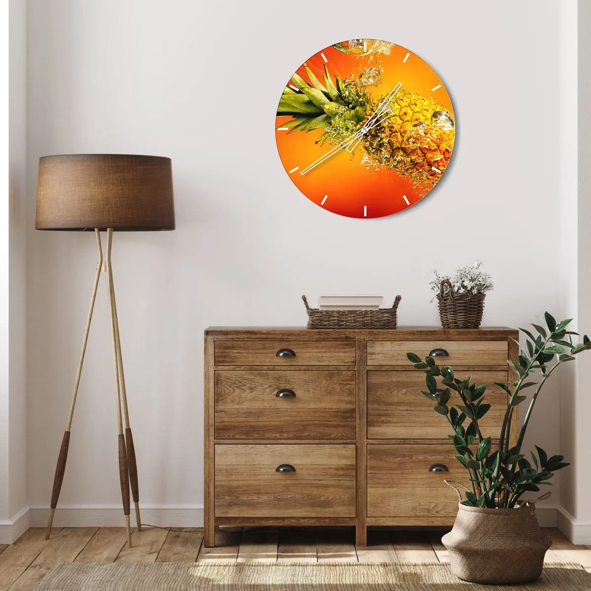 Wall clock - Clock on glass - pineapple submerged in water against an orange gradient background. - 30x30cm - Tropical Juicy Freshness - Modern wall decoration for the living room, kitchen, and bedroom ARTTOR