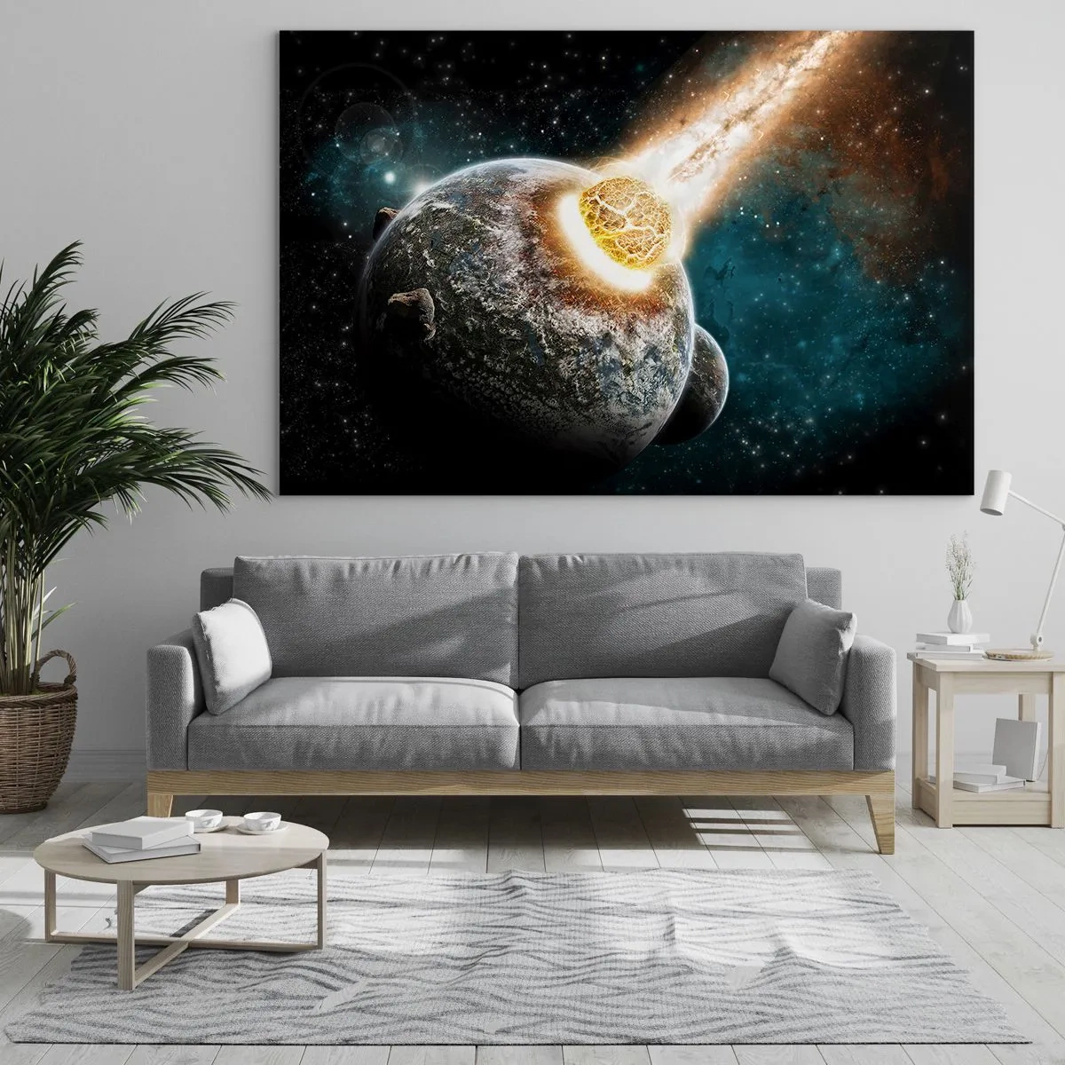 Glass picture - A planet colliding with a meteorite - 70x50cm - Demise or Birth? - Modern wall decoration for the living room and bedroom ARTTOR