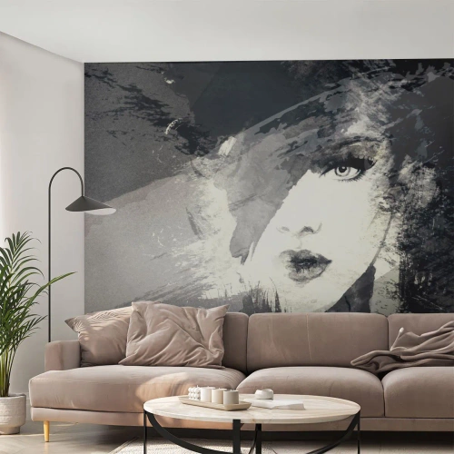 Photo Wallpaper Standard Eco - From Behind Grey Voile - Woman's Face, Black and white, Eyes - 300x210 cm