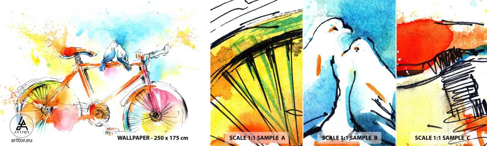 Photo Wallpaper Sample Self-Adhesive Deluxe Sticker - Together on a Bike - Abstraction, Bicycle, Birds - 100x30 cm