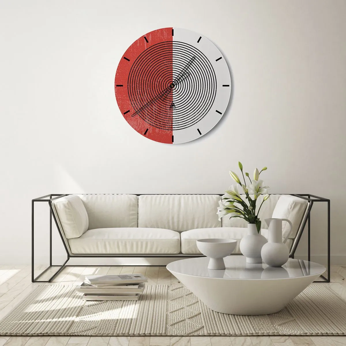 Wall clock - Clock on glass - Minimalist spiral pattern on a split background - 30x30cm - To the Core - Modern wall decoration for the living room, kitchen, and bedroom ARTTOR