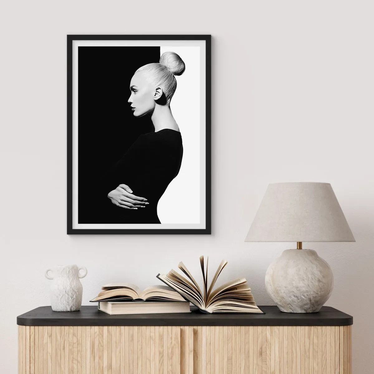 Poster in black frame - A minimalist portrait of a woman in a black and white composition - 50x70cm - Simply a Woman - Modern wall decoration for the living room and bedroom ARTTOR