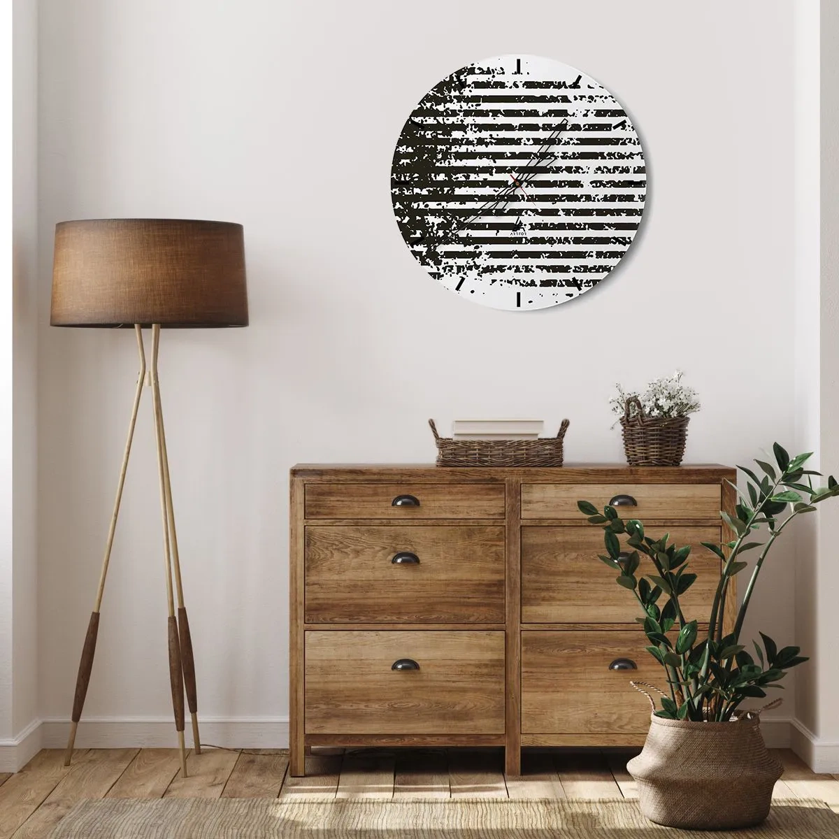 Wall clock - Clock on glass - Black and white horizontal stripes with an irregular texture - 30x30cm - Rhythm and Noise - Modern wall decoration for the living room, kitchen, and bedroom ARTTOR