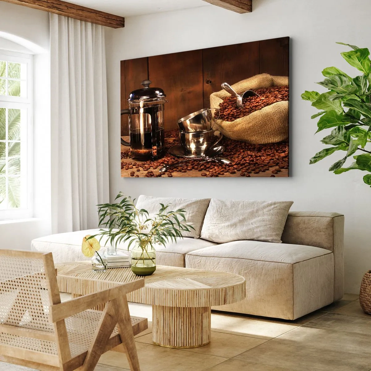 Canvas picture - French press, cups and a bag of coffee on a wooden background - 70x50cm - Charm of Coffee - aroma and flavour - Modern wall decoration for the living room and bedroom ARTTOR