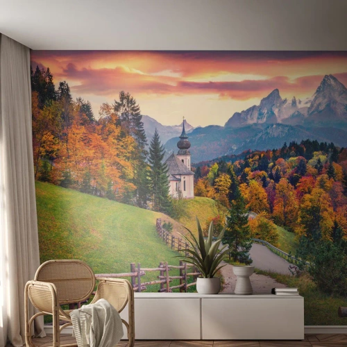 Photo Wallpaper Premium Sand - Landscape Like a Picture - Mountain landscape, Path, Church - 100x70 cm