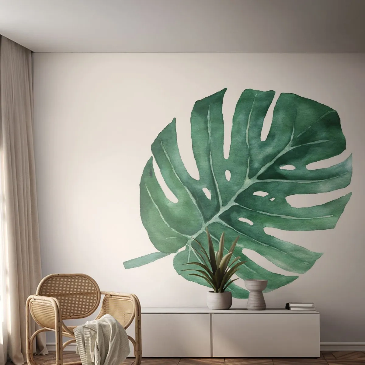 Photo Wallpaper Premium Sand - Green Concept - Monstera, Leaf, Boho - 150x105 cm