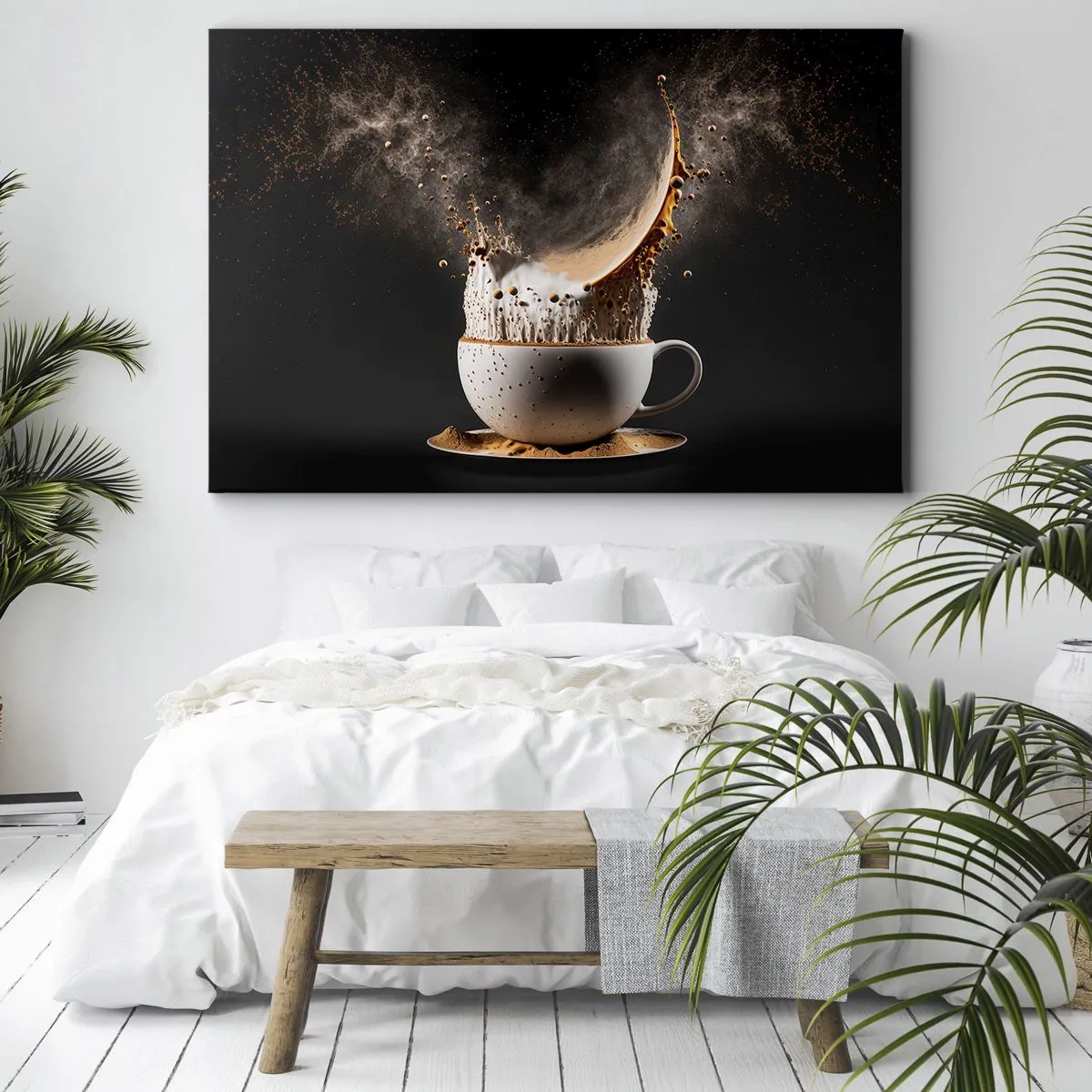 Canvas picture - A cup of coffee with a dynamic explosion of liquid on a black background. - 70x50cm - Explosion of Flavour - Modern wall decoration for the living room and bedroom ARTTOR