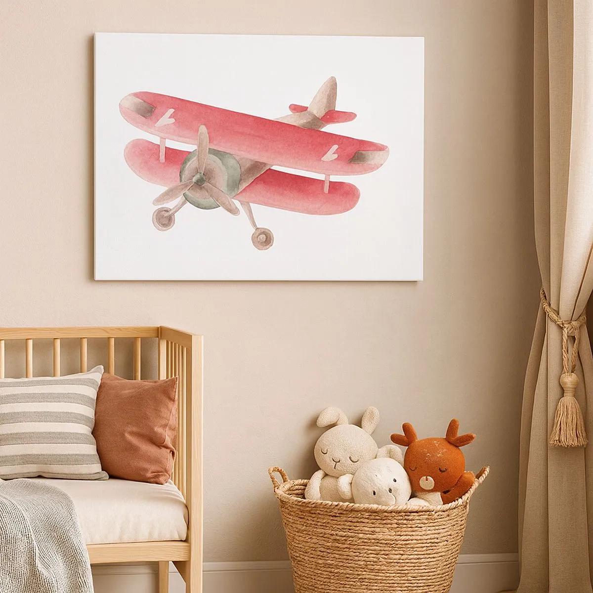 Canvas picture - Red retro airplane on a white background - 70x50cm - Ready for High Flghts - Modern wall decoration for the living room and bedroom ARTTOR