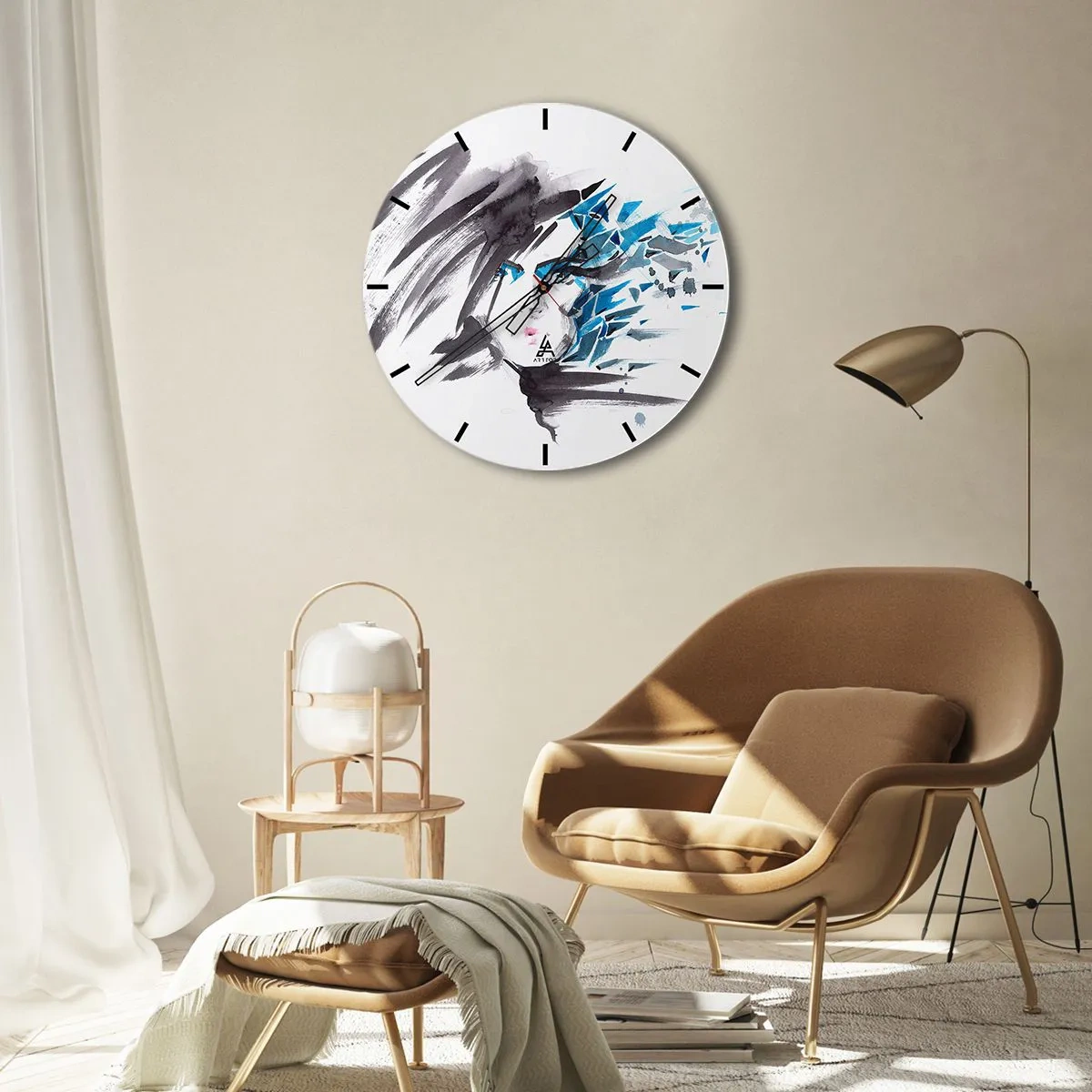 Wall clock - Clock on glass - An abstract combination of gray and blue in a dynamic form. - 30x30cm - Sensual Portrait in Grey and Blue - Modern wall decoration for the living room, kitchen, and bedroom ARTTOR