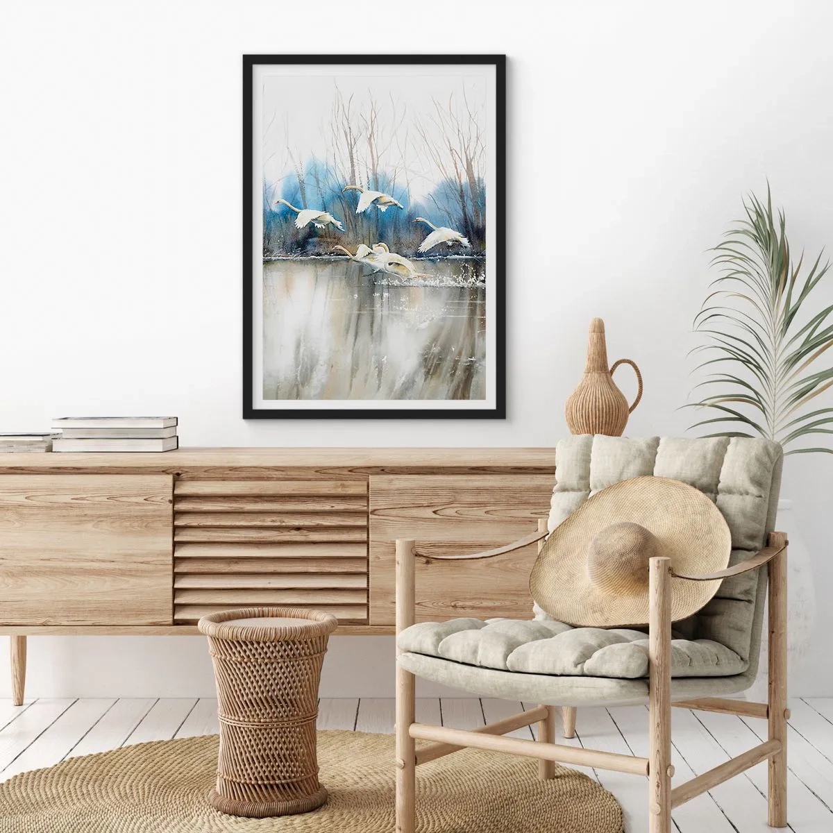 Poster in black frame - flock of swans floating over the water in a painterly style - 50x70cm - Like in a Fairy Tale about Wild Swans - Modern wall decoration for the living room and bedroom ARTTOR