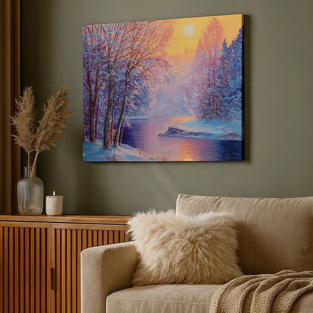 Canvas picture - Winter landscape with river and trees at sunrise - 70x50cm - Colours of Winter - Modern wall decoration for the living room and bedroom ARTTOR