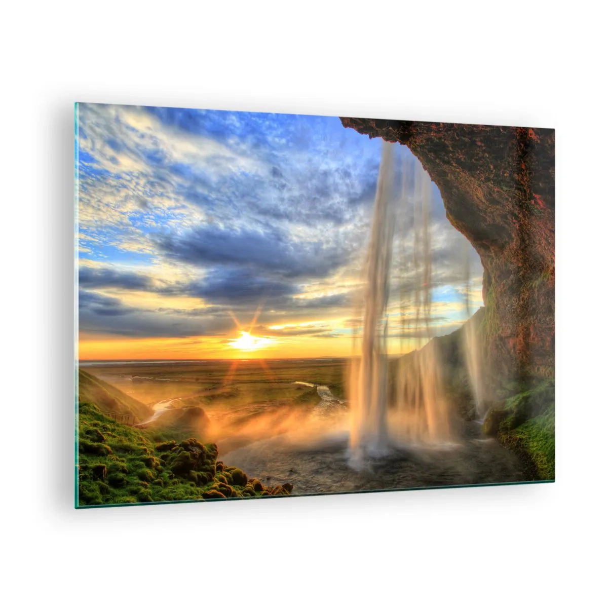 Glass picture - Waterfall with a view of the sunset and the valley - 70x50cm - World behind Raindrops - Modern wall decoration for the living room and bedroom ARTTOR
