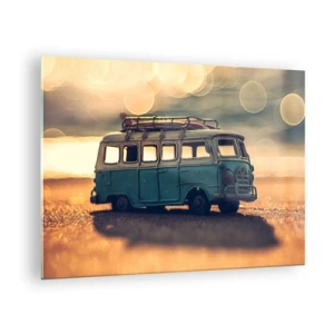 Glass picture - Vintage toy bus on the beach at sunset - 70x50cm - The End of Idol of Money and Work - Modern wall decoration for the living room and bedroom ARTTOR