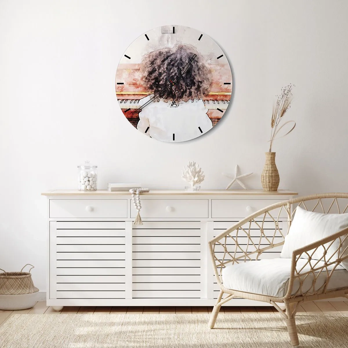 Wall clock - Clock on glass - A child playing the piano, seen from behind in an artistic style. - 30x30cm - In a New World - Modern wall decoration for the living room, kitchen, and bedroom ARTTOR