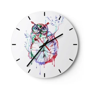 Wall clock - Clock on glass - Colorful owl in an artistic style on a white background - 30x30cm - Wise by Nature - Modern wall decoration for the living room, kitchen, and bedroom ARTTOR