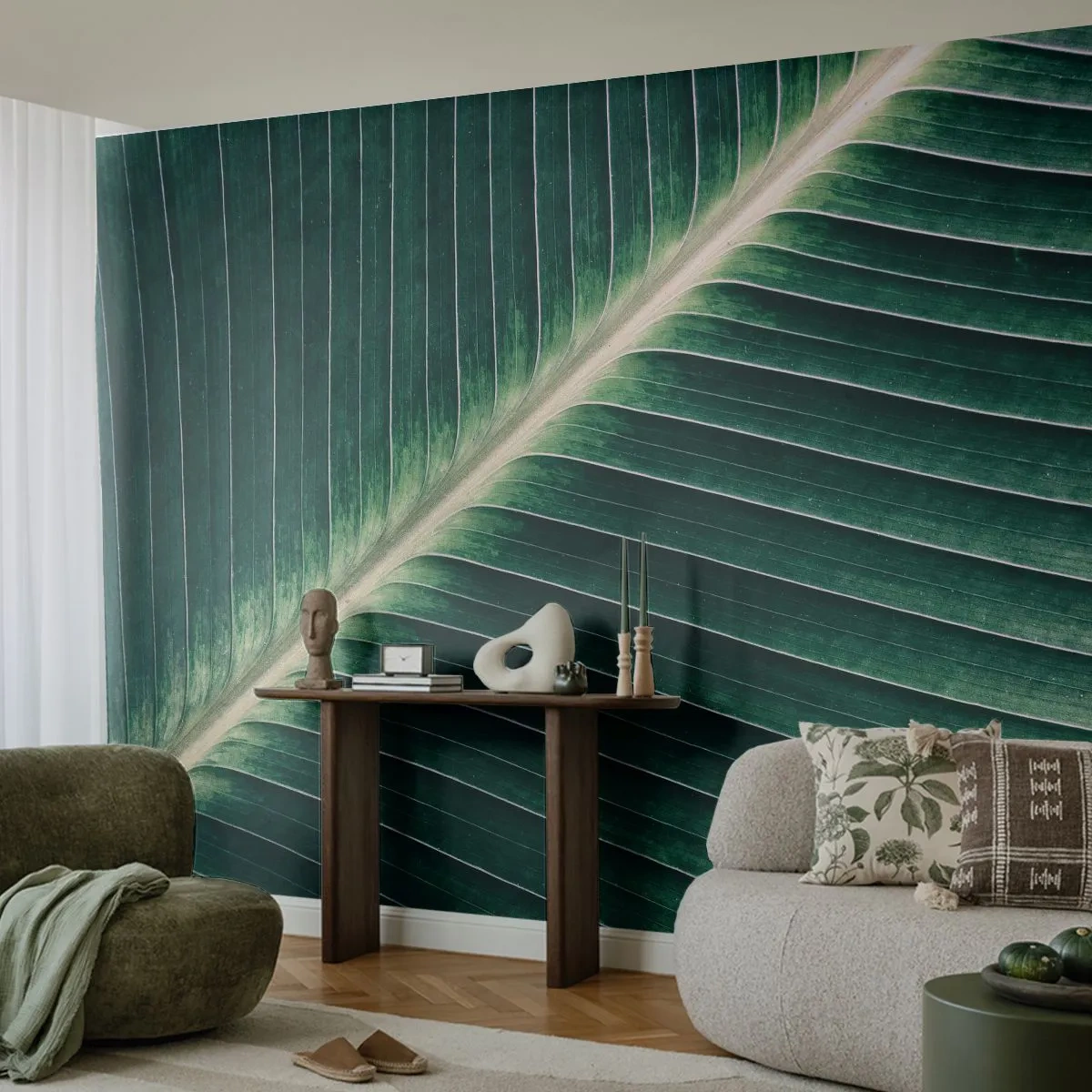 Photo Wallpaper Premium Sand - Rhythm of Nature - Abstraction, Green leaf, Graphics - 100x70 cm