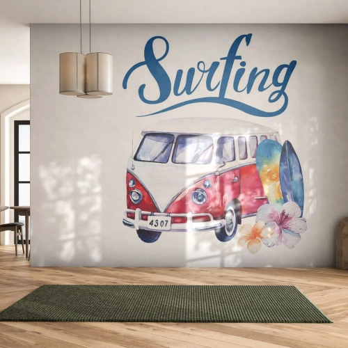 Photo Wallpaper Standard Eco - Surfer's Van - Vintage bus, Travels, Surfboard - 300x210 cm