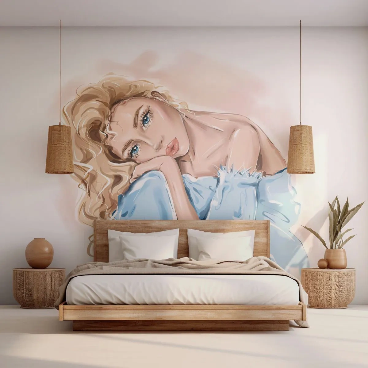 Custom Wallpaper Premium Canvas - Dreamy in Blue - Woman, Fashion, Graphics