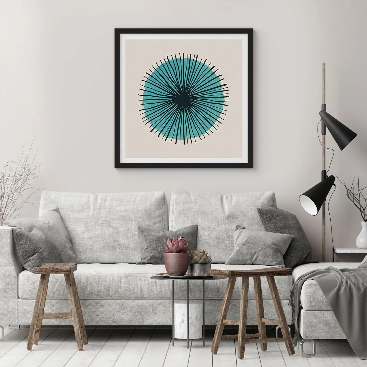 Poster in black frame - Rays on Blue - 30x30 cm