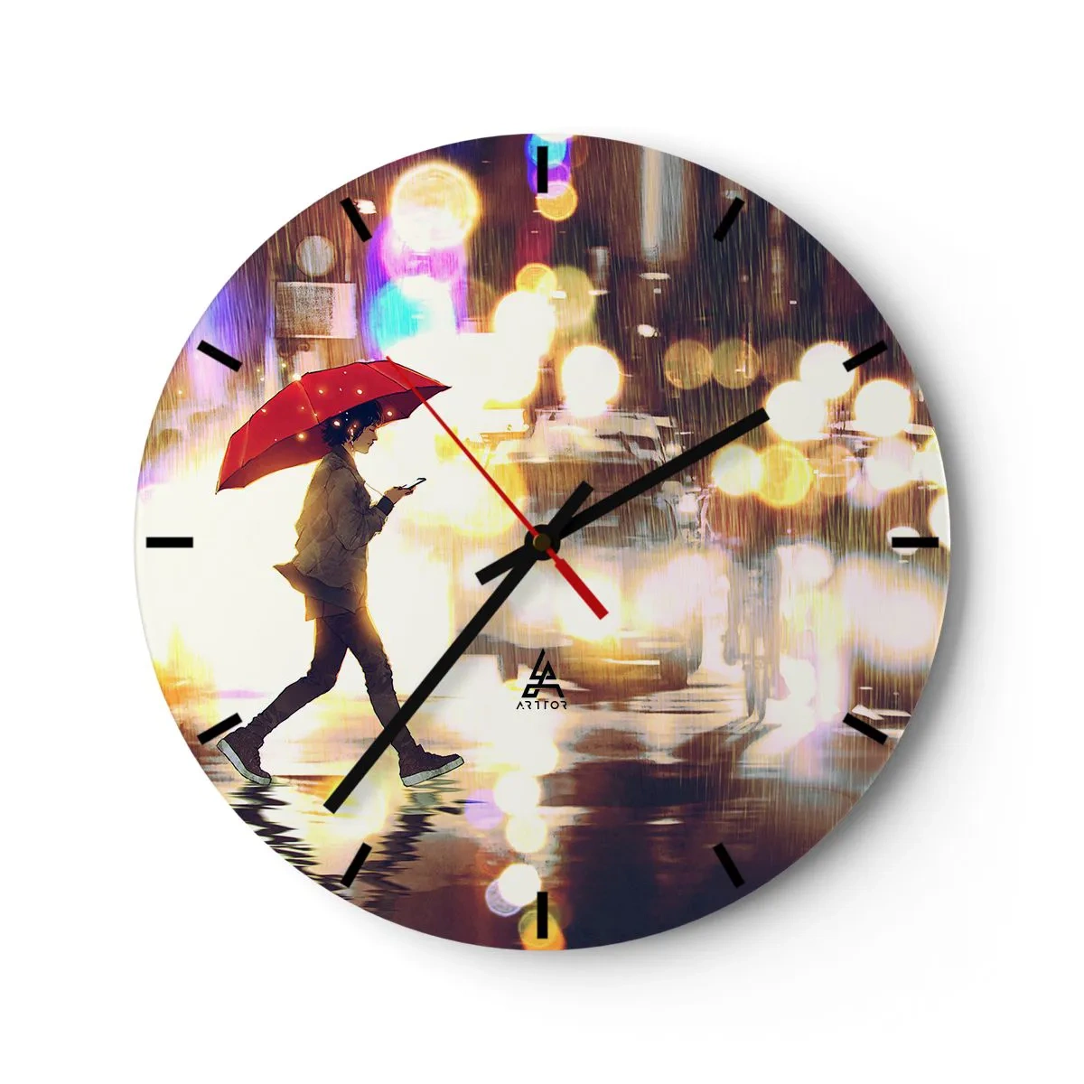 Wall clock - Clock on glass - figure with a red umbrella against the background of the city's night lights - 30x30cm - It Is Sunny Afterall - Modern wall decoration for the living room, kitchen, and bedroom ARTTOR