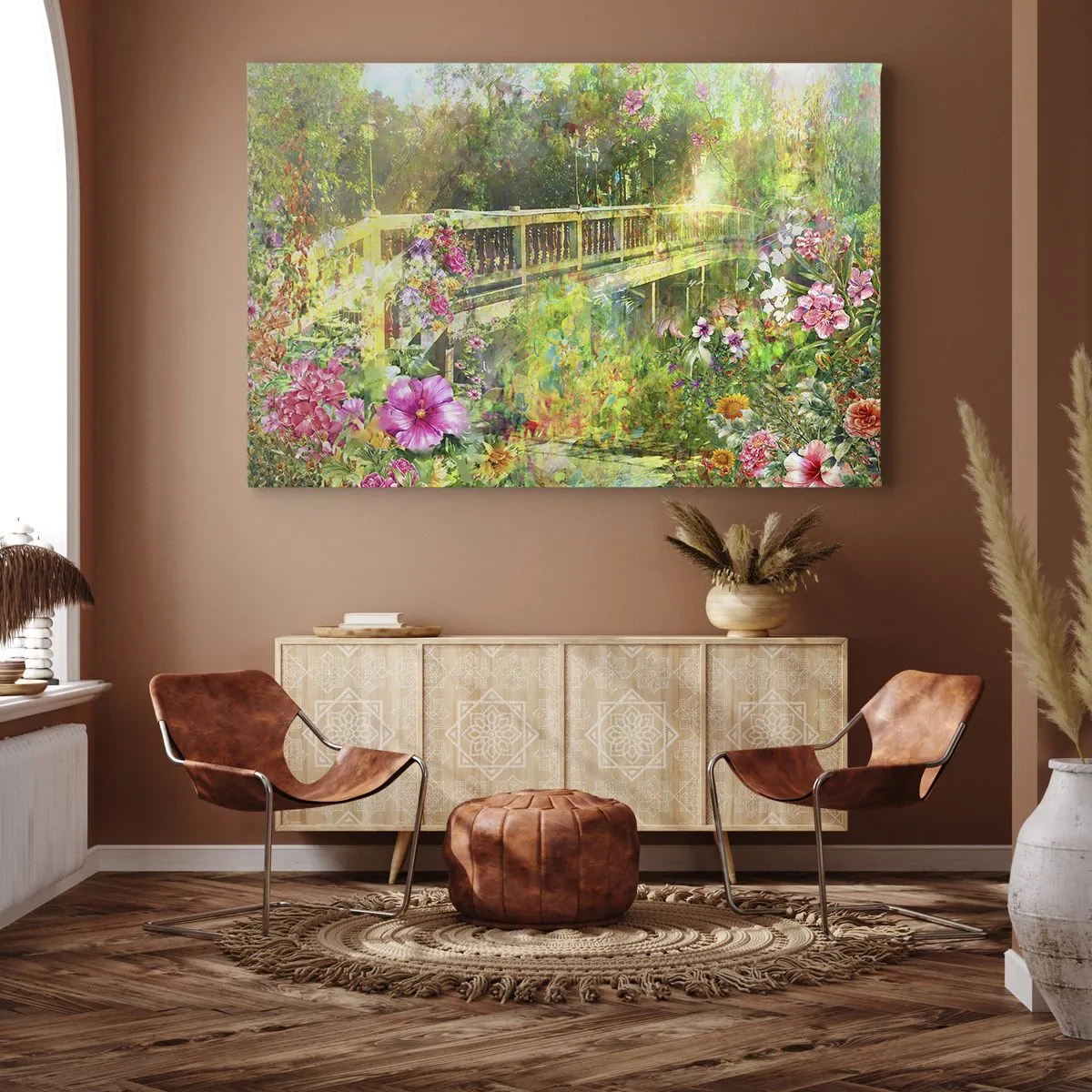 Canvas picture - A bridge surrounded by lush vegetation and flowers - 70x50cm - Bridge of Spring Sighs - Modern wall decoration for the living room and bedroom ARTTOR
