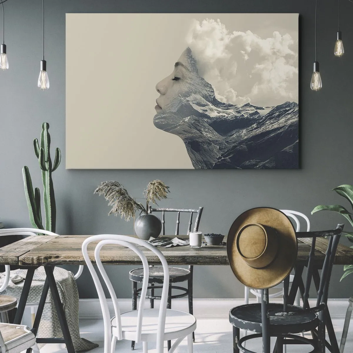 Canvas picture - Silhouette of a woman with a mountain landscape in the background - 70x50cm - Beauty of Elements - Modern wall decoration for the living room and bedroom ARTTOR