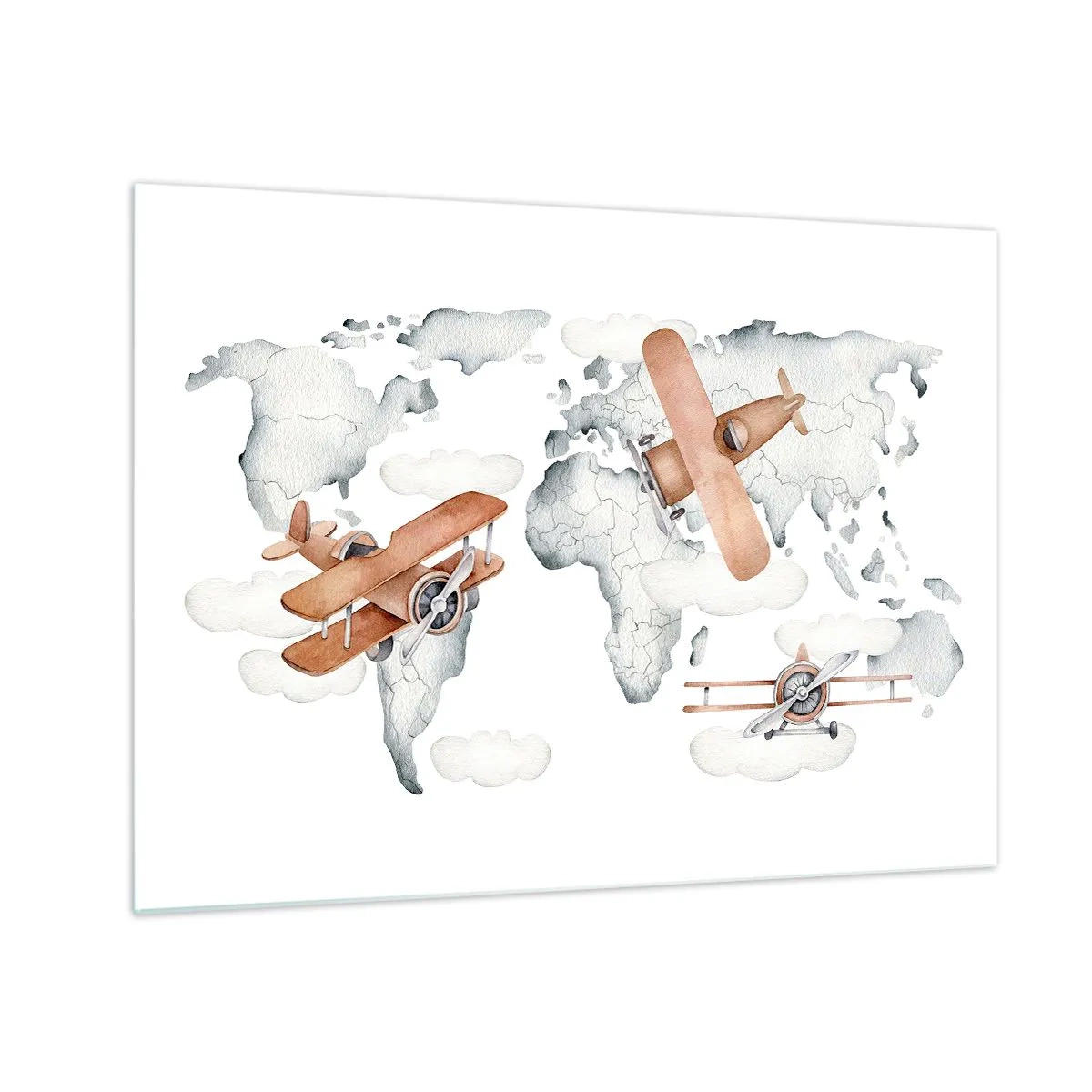 Glass picture - Retro airplane world map for kids - 70x50cm - In a Pioneering Spirit - Modern wall decoration for the living room and bedroom ARTTOR