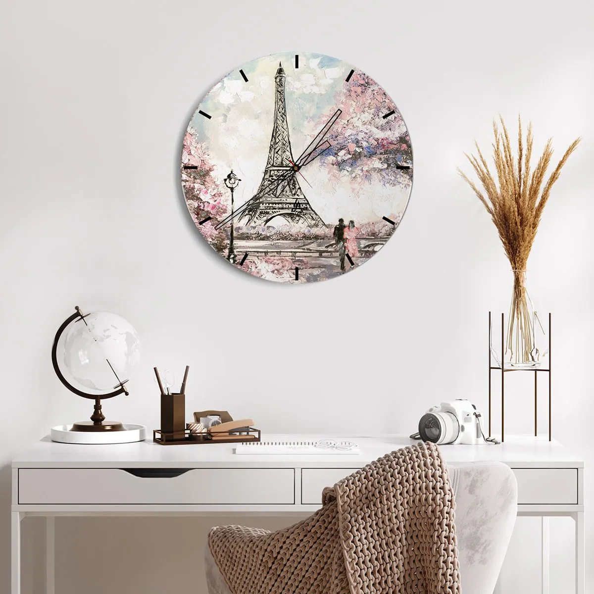 Wall clock - Clock on glass - The Eiffel Tower surrounded by flowering trees - 30x30cm - April Walk in Paris - Modern wall decoration for the living room, kitchen, and bedroom ARTTOR