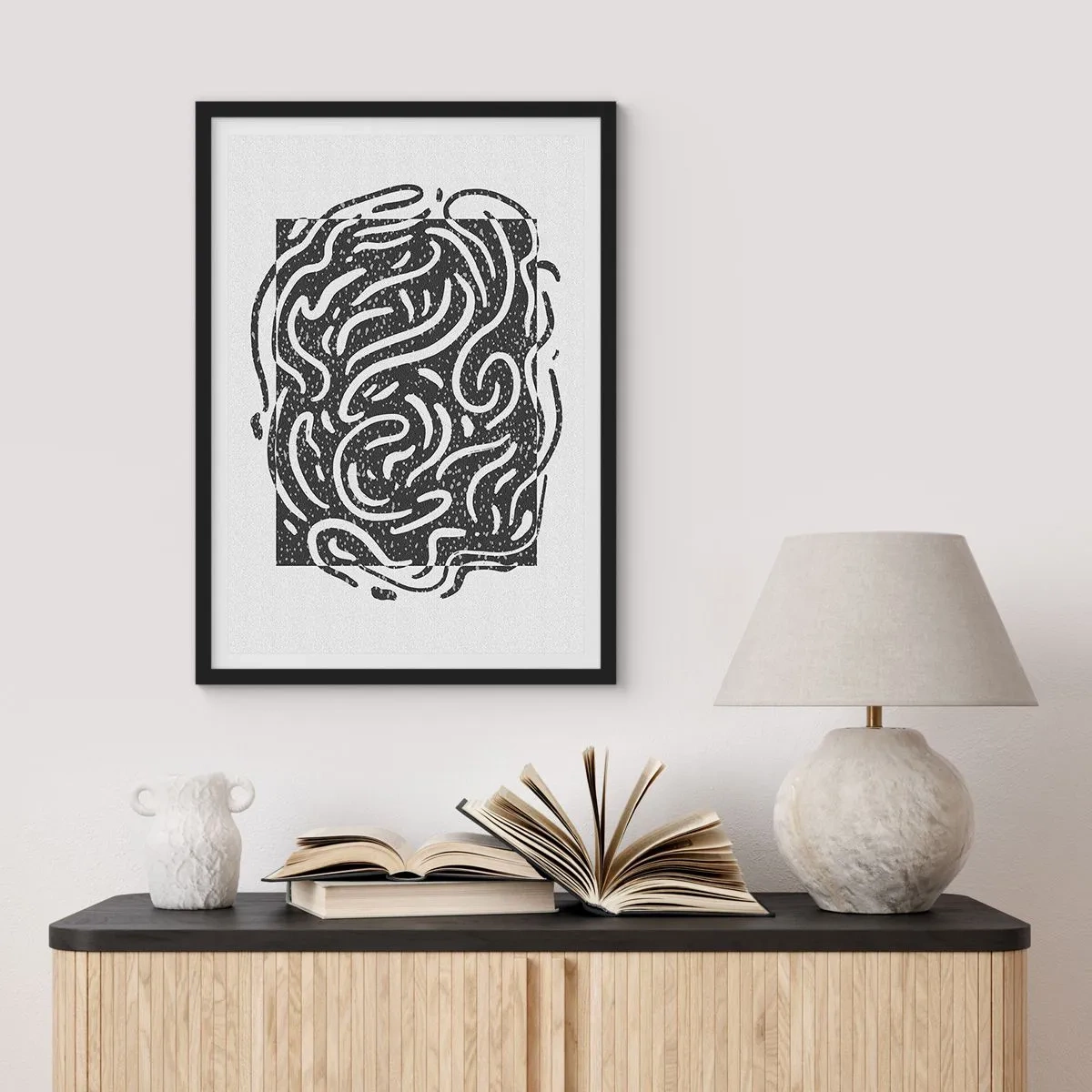 Poster in black frame - Abstract composition with dynamic lines and shapes in black and white. - 50x70cm - Abstract: Dance of Joy - Modern wall decoration for the living room and bedroom ARTTOR