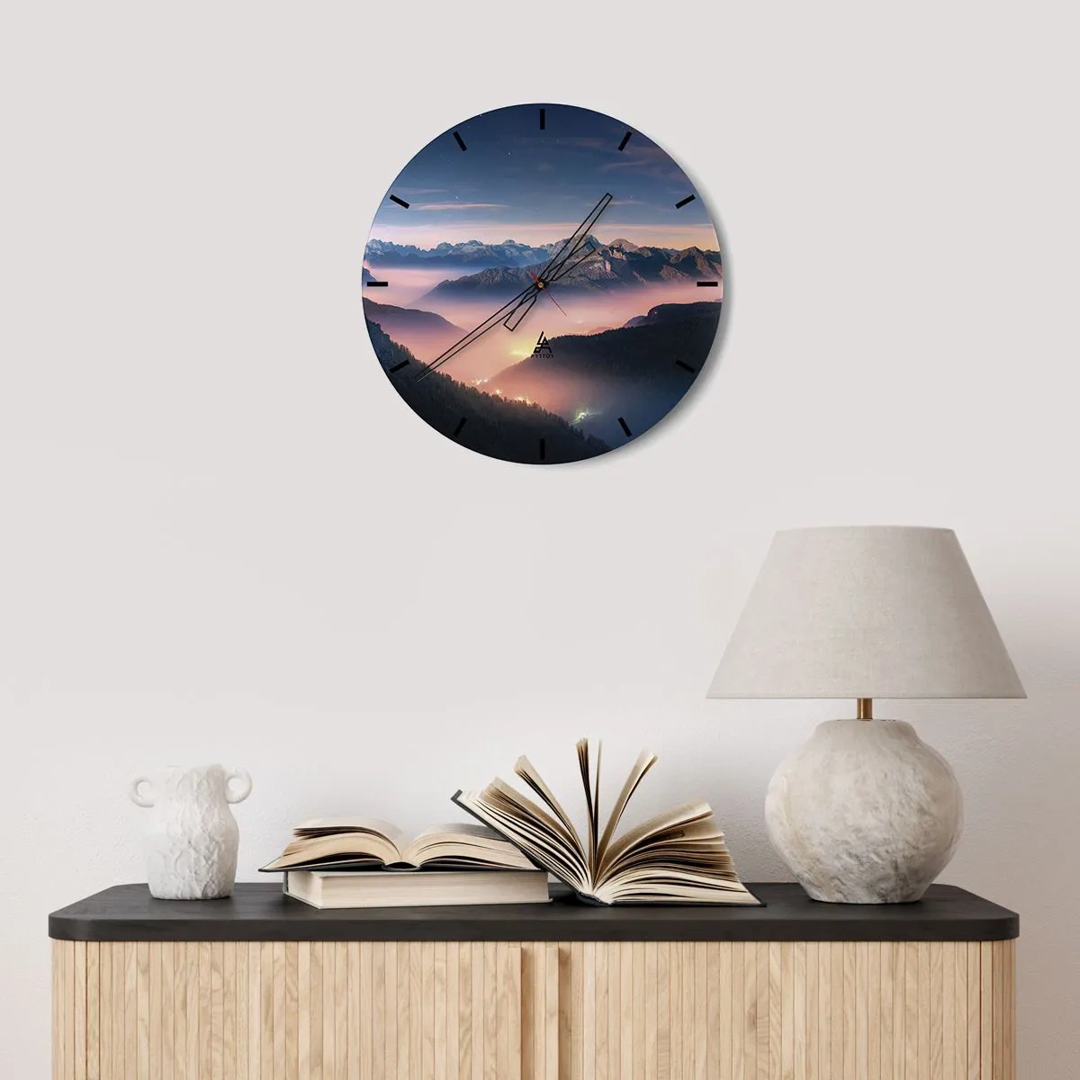 Wall clock - Clock on glass - Light in the Valleys - 40x40 cm