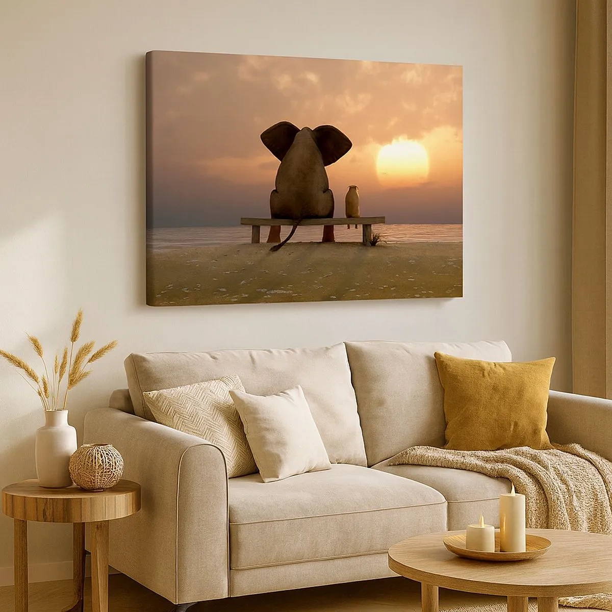 Canvas picture - An elephant and a dog are sitting on a bench on the beach during sunset. - 70x50cm - It Feels Good to Be Quiet Together - Modern wall decoration for the living room and bedroom ARTTOR
