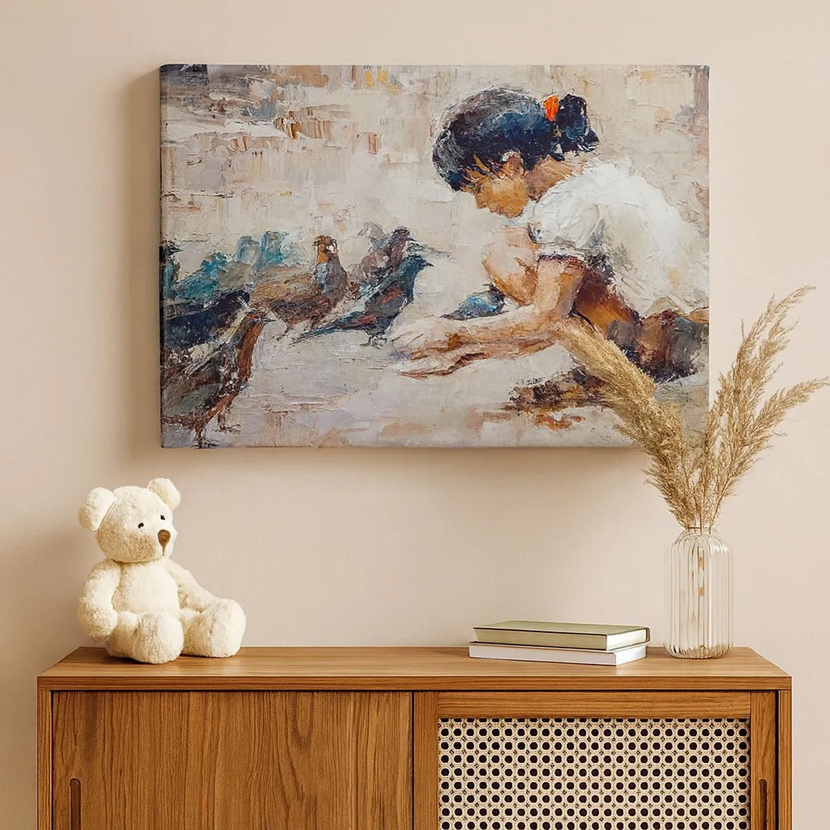 Canvas picture - A girl feeding birds in a painterly style - 70x50cm - The Little Ones - Modern wall decoration for the living room and bedroom ARTTOR