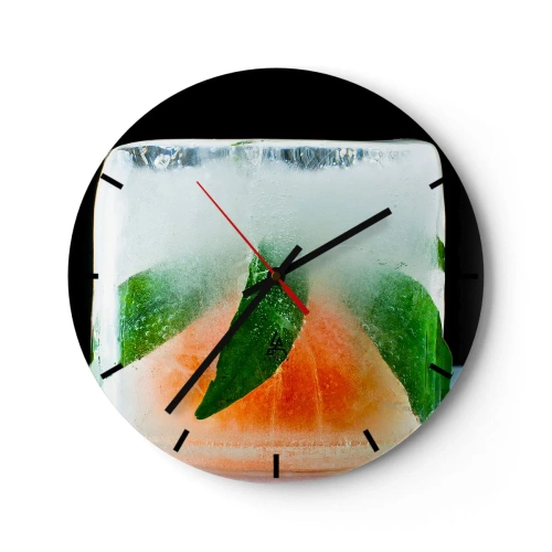 Wall clock - Clock on glass - An ice cube with mint leaves and a slice of grapefruit inside - 30x30cm - Freshness and Coolness - Modern wall decoration for the living room, kitchen, and bedroom ARTTOR