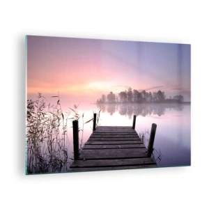 Glass picture - A pier at sunrise over a calm lake - 70x50cm - Out from a Lilac Fog… - Modern wall decoration for the living room and bedroom ARTTOR