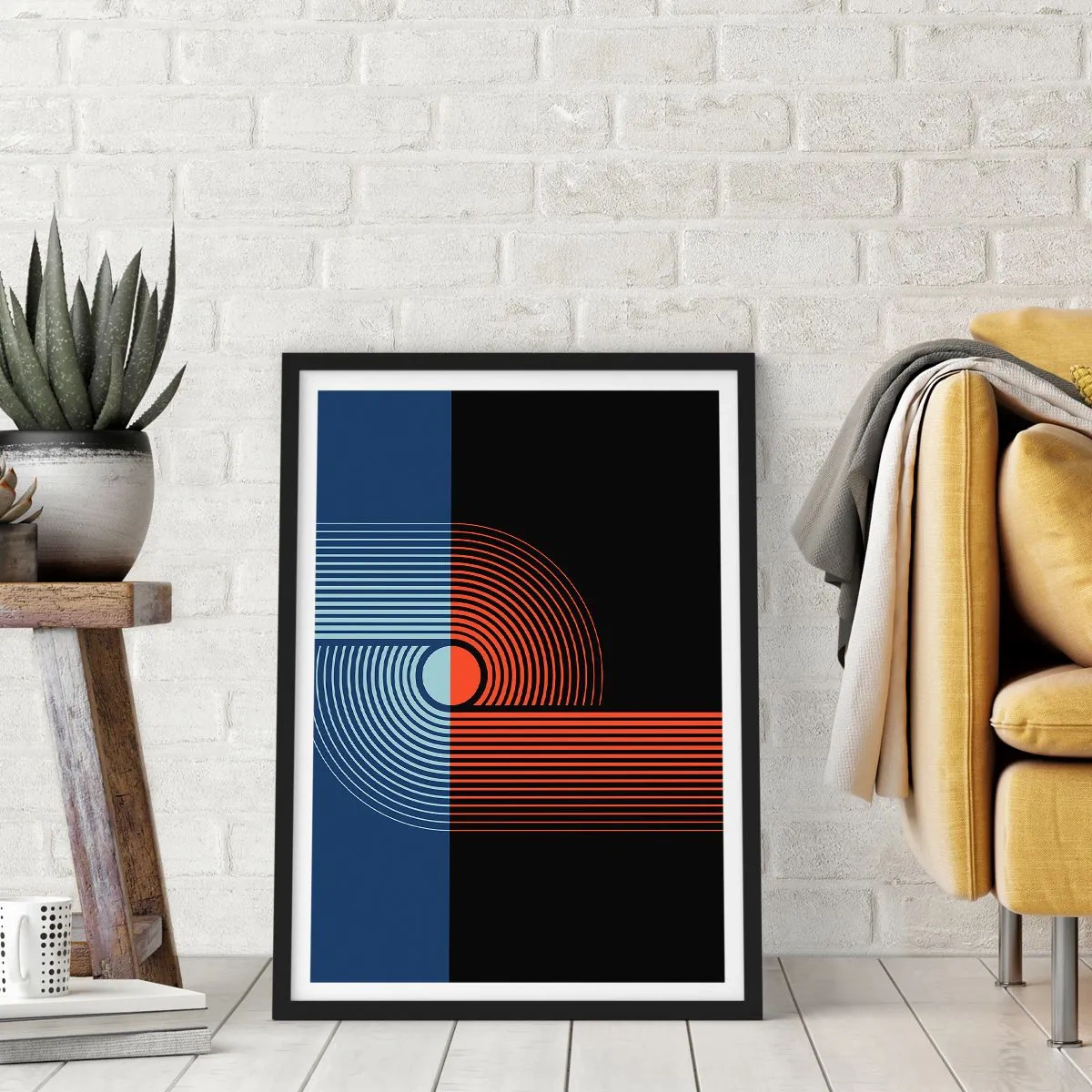 Poster in black frame - Geometric composition with lines in navy blue and orange. - 50x70cm - In a Geometrical Embrace - Modern wall decoration for the living room and bedroom ARTTOR