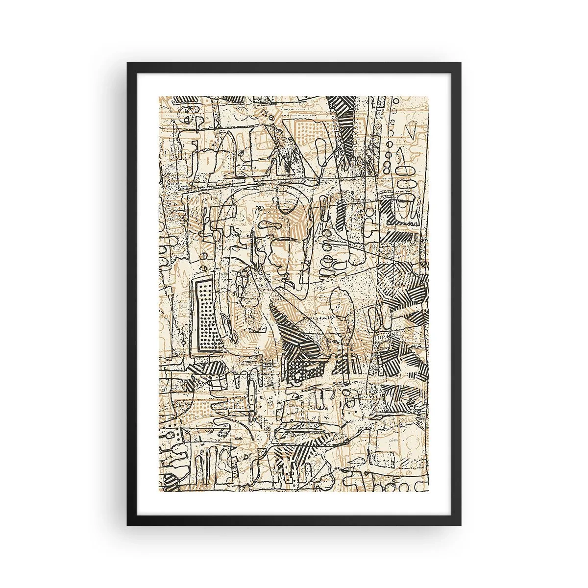 Poster in black frame - Abstract geometric pattern in shades of beige and black - 50x70cm - Waiting to Be Decoded - Modern wall decoration for the living room and bedroom ARTTOR