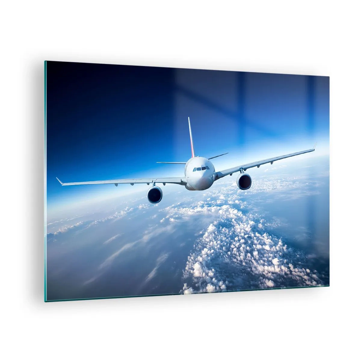Glass picture - passenger plane against a blue sky and clouds - 70x50cm - I Am Flying - Modern wall decoration for the living room and bedroom ARTTOR