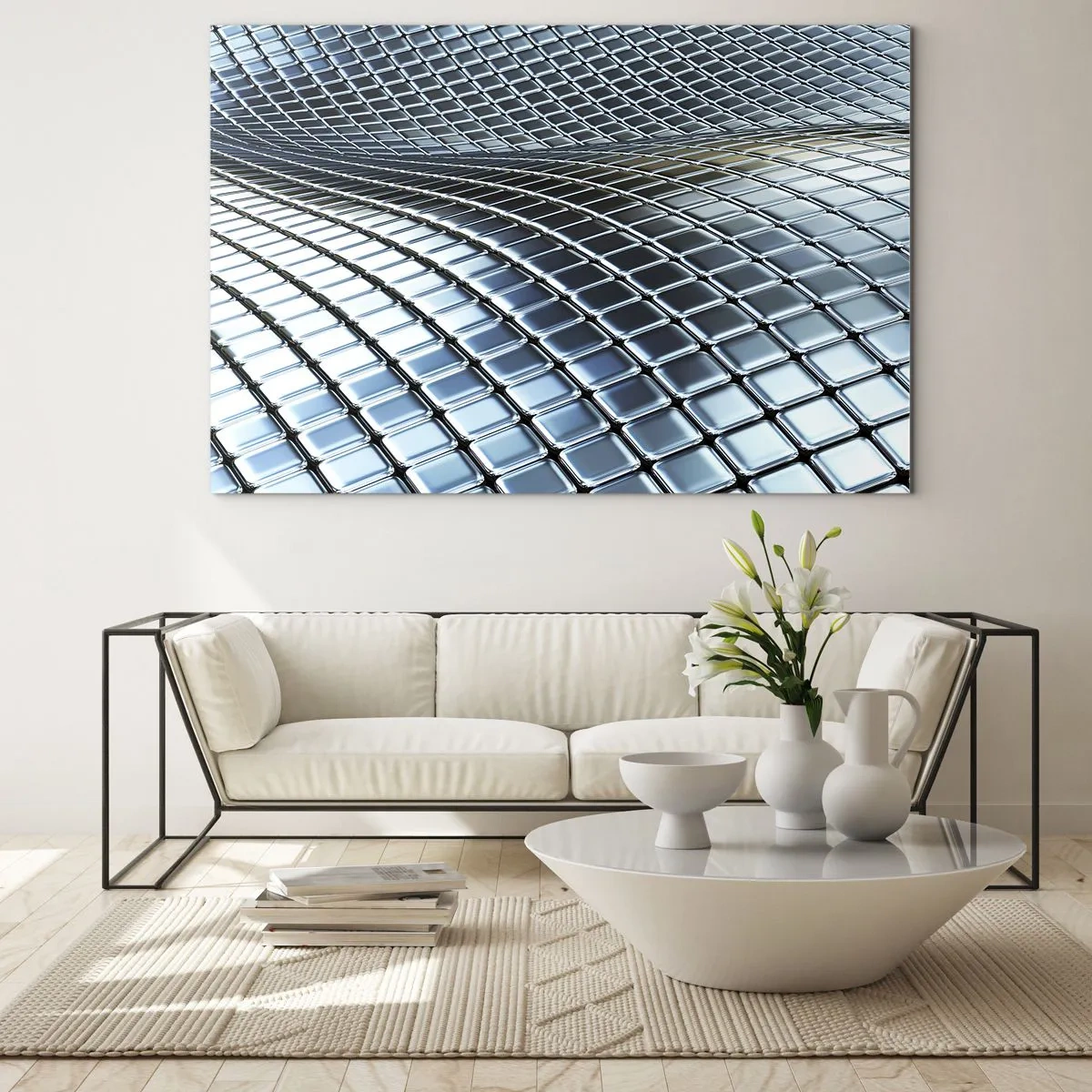 Glass picture - Abstract surface with shiny metal squares - 70x50cm - Metallic Silver Wave - Modern wall decoration for the living room and bedroom ARTTOR