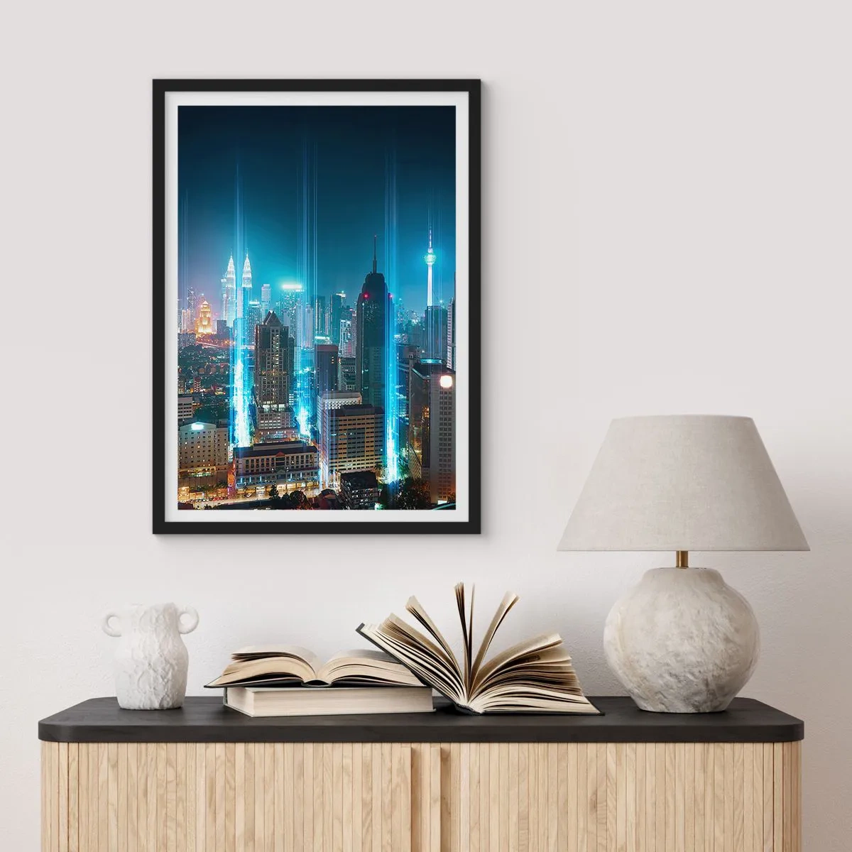 Poster in black frame - Night landscape of the city center with skyscrapers - 50x70cm - Berlin Lights - Modern wall decoration for the living room and bedroom ARTTOR