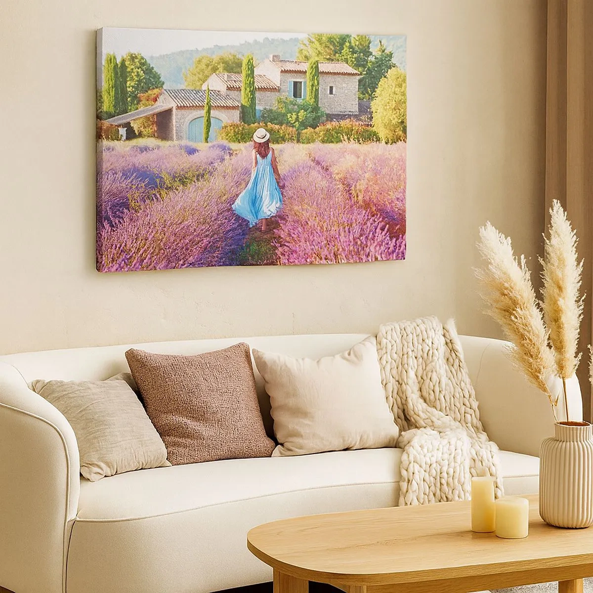 Canvas picture - A woman in a blue dress walking through a lavender field with a view of a house. - 70x50cm - Lavender Girl - Modern wall decoration for the living room and bedroom ARTTOR