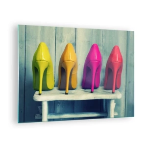 Glass picture - Four colorful pins arranged on a wooden bench - 70x50cm - Walk on a Rainbow - Modern wall decoration for the living room and bedroom ARTTOR